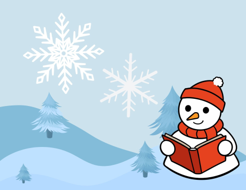 A graphic of a snowman reading a book on a wintery snowscape.