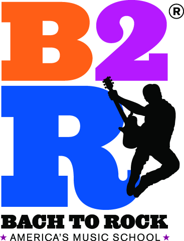 large letters "b2r" with silhouette of guitar player and text "bach to rock america's music school"