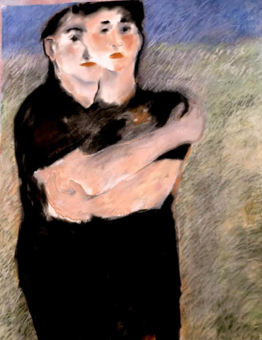 Two people holding each other while standing, drawn in pastel