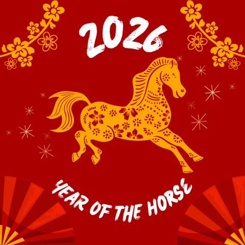 image of yellow horse on red background with text "2026 year of the horse"