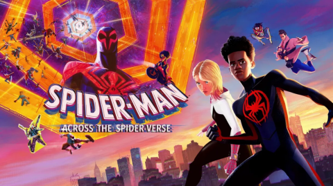 A horizontal flyer for Spider-Man: Across the Spider-Verse. It features a wide variety of the spider-people from the film. On the right, it primarily highlights Miles Morales and Gwen Stacey. On the left, it primarily highlights Miguel O'Hara and the film's logo.