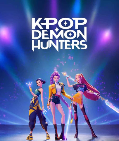 cartoon image of 3 teen girls under text "k-pop demon hunters"
