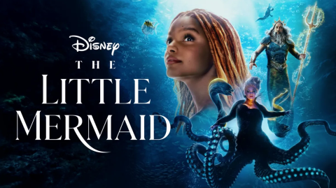 A horizontal poster for Disney's live action Little mermaid from 2023. It features Ariel, King Triton, and Ursula on the right, and the film's logo on the left.