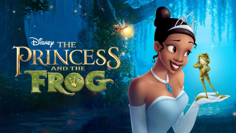 A horizontal poster for The Princess and the Frog. The left side prominently feature's the film's logo. The right side features Tiana as a human and Naveen as a frog. The center of the image, more towards the top, has a small image of Ray the firefly.
