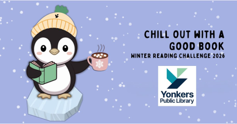 penguin in hat holding book and cocoa with text "winter reading challenge"