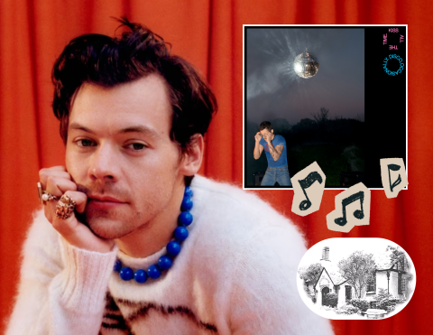 Harry Styles and his new album cover with music notes and the Crestwood Library.