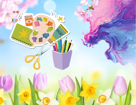 Spring flowers and art supplies like paint and colored pencils.