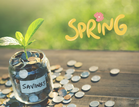 A plant growing out of a jar full of money labeled savings.