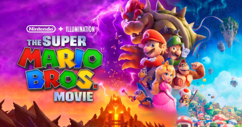 A horizontal flyer for The Super Mario Bros. Movie. It features Mario, Luigi, Princess Peach, Bowser, Donkey Kong, Toad, Kamek, and a parakoopa. It also features the movie's logo.