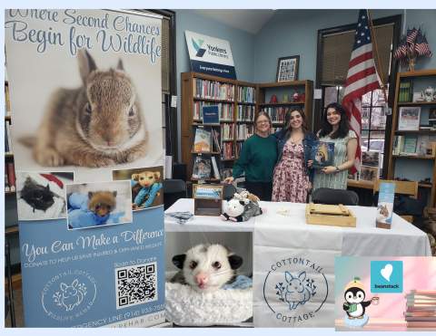 image of Cottontail Rehab staff with Parsley the Opossum and winter reading logo
