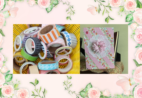 image of a basket of washi tape next to a card made from washi tape