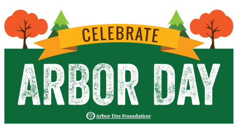 image of celebrate arbor day words with two trees on each side