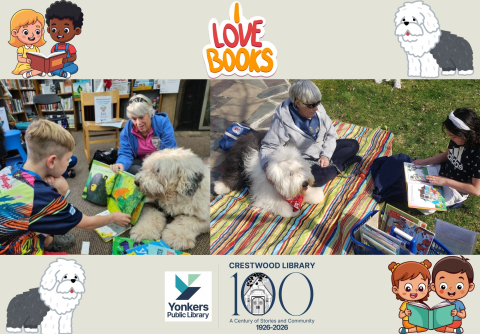 Children reading to Cooper and Bandit both are therapy dogs