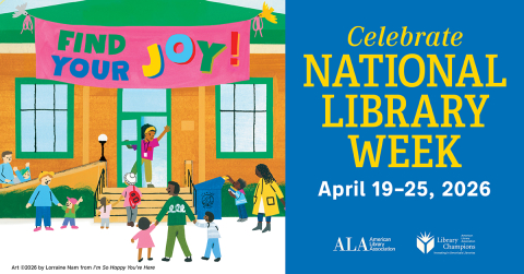 image of poster from ALA national library week people standing in front of a library