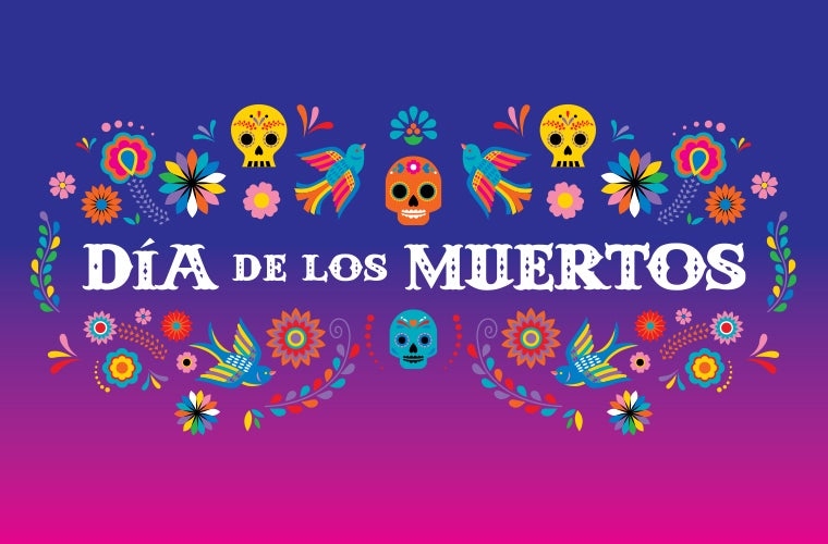text dia de los muertos with mutlicolored skulls around it
