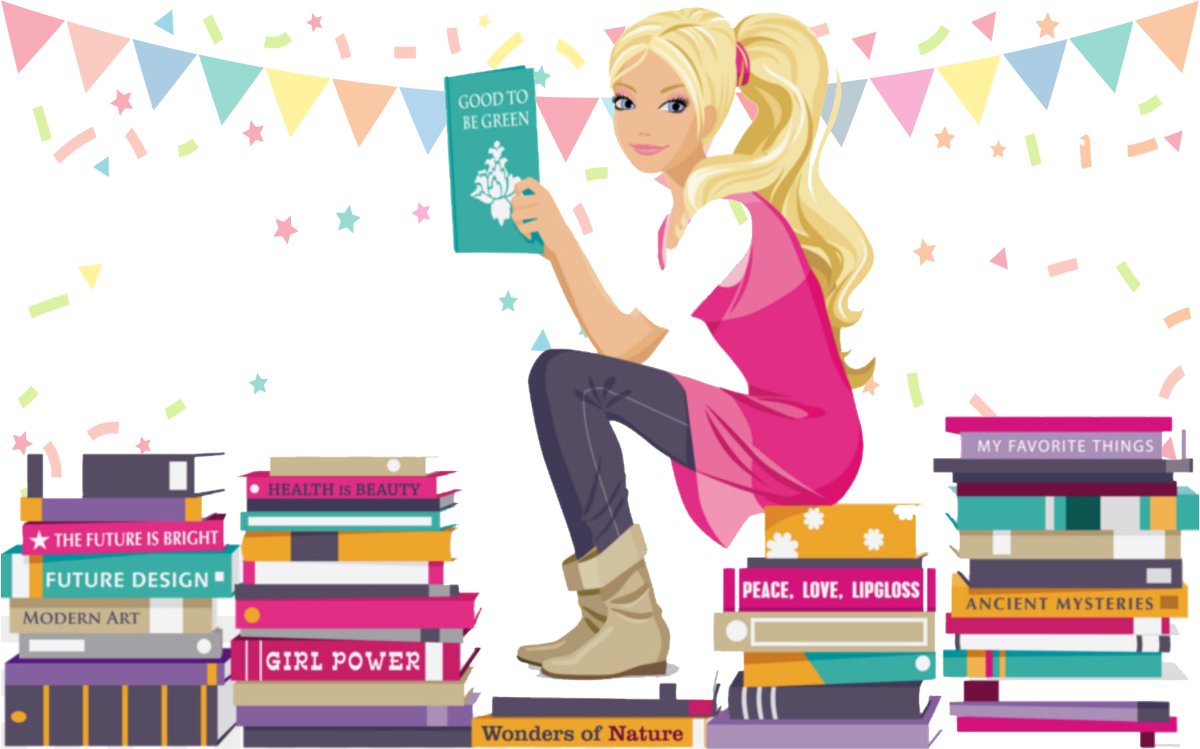 barbie reading a book sitting on books