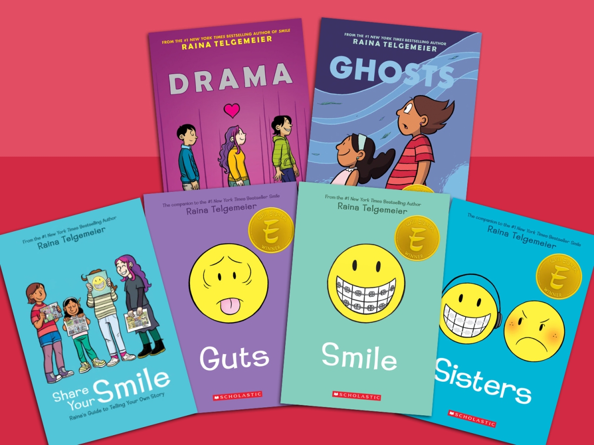 5 books written by Raina Telgemeier displayed on red surface