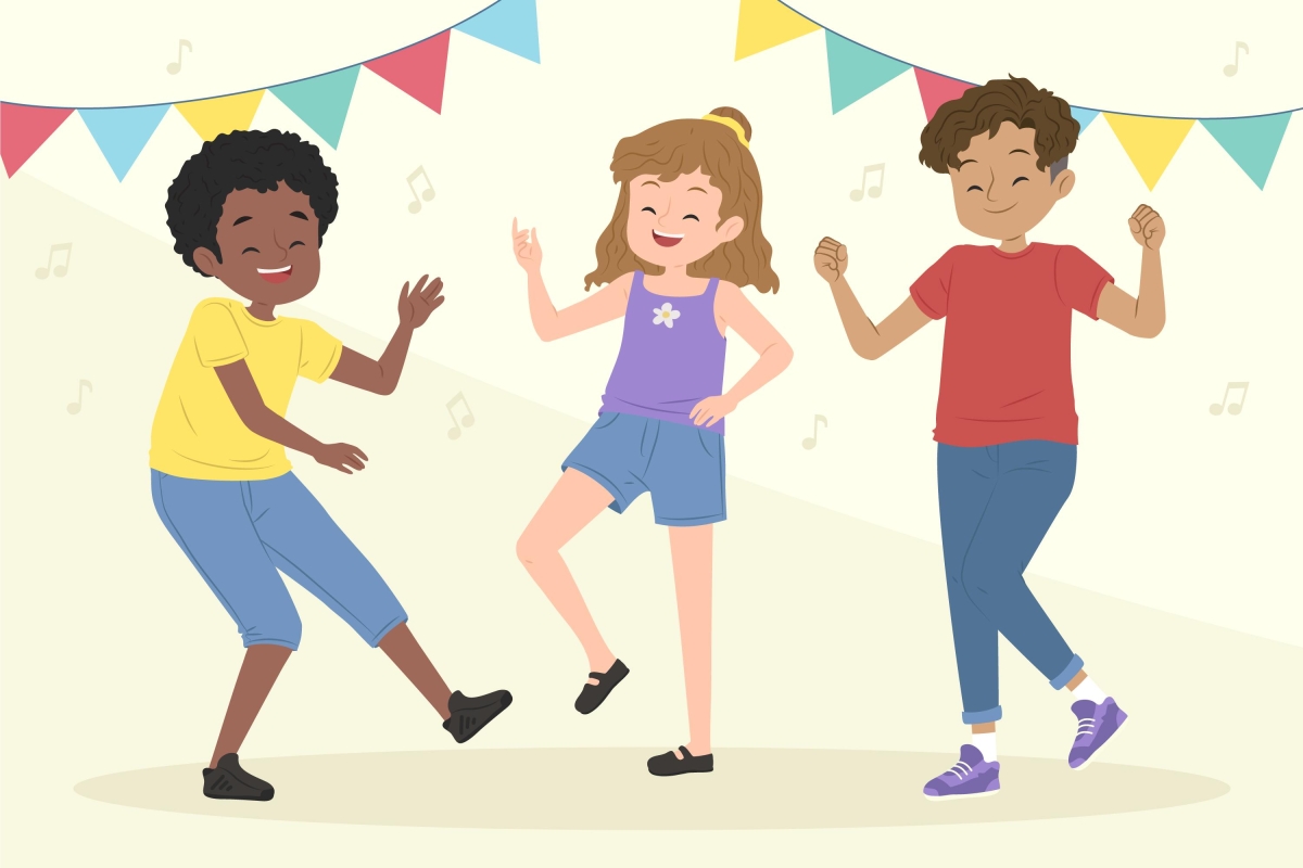 A cartoon of three older kids dancing.