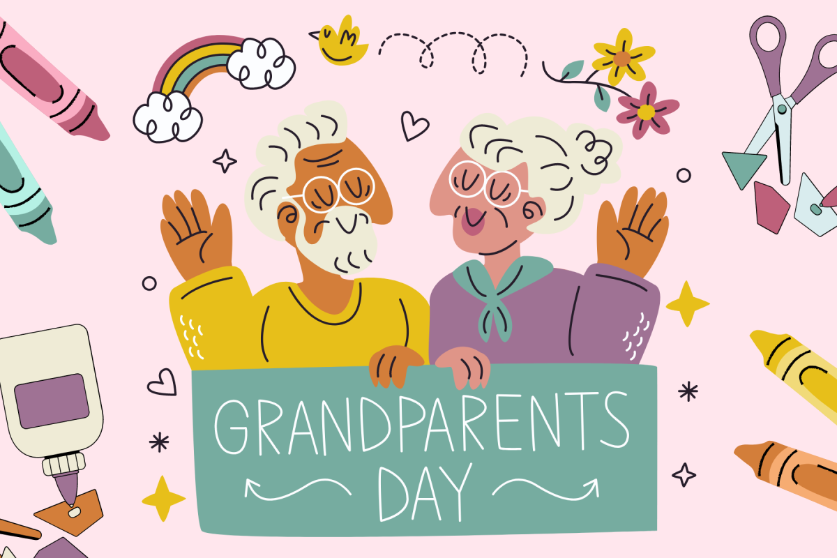 caricature of grandparents surrounded by art supplies