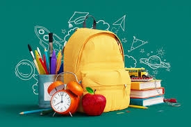 backpack surrounded by books, timer, pencils, pens