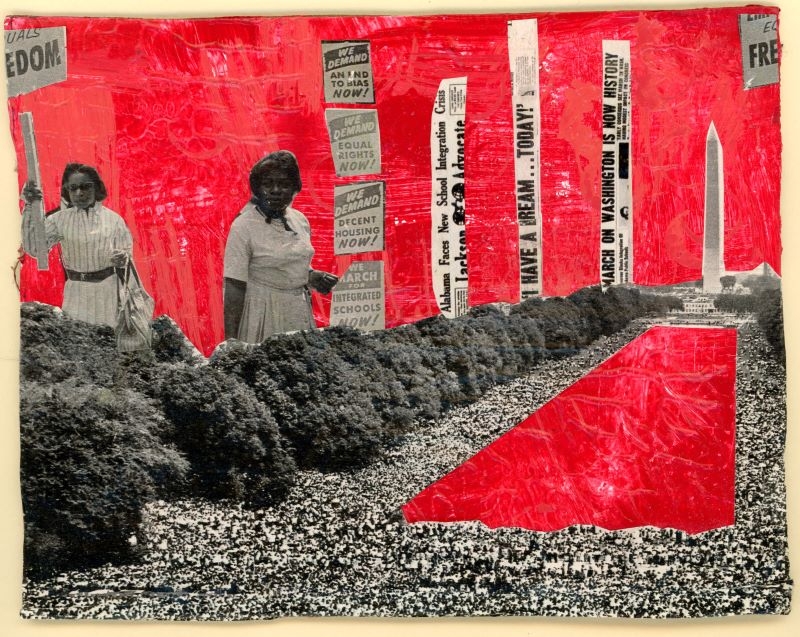 Black, white, and red collage of protestors occupying and picketing Washington.