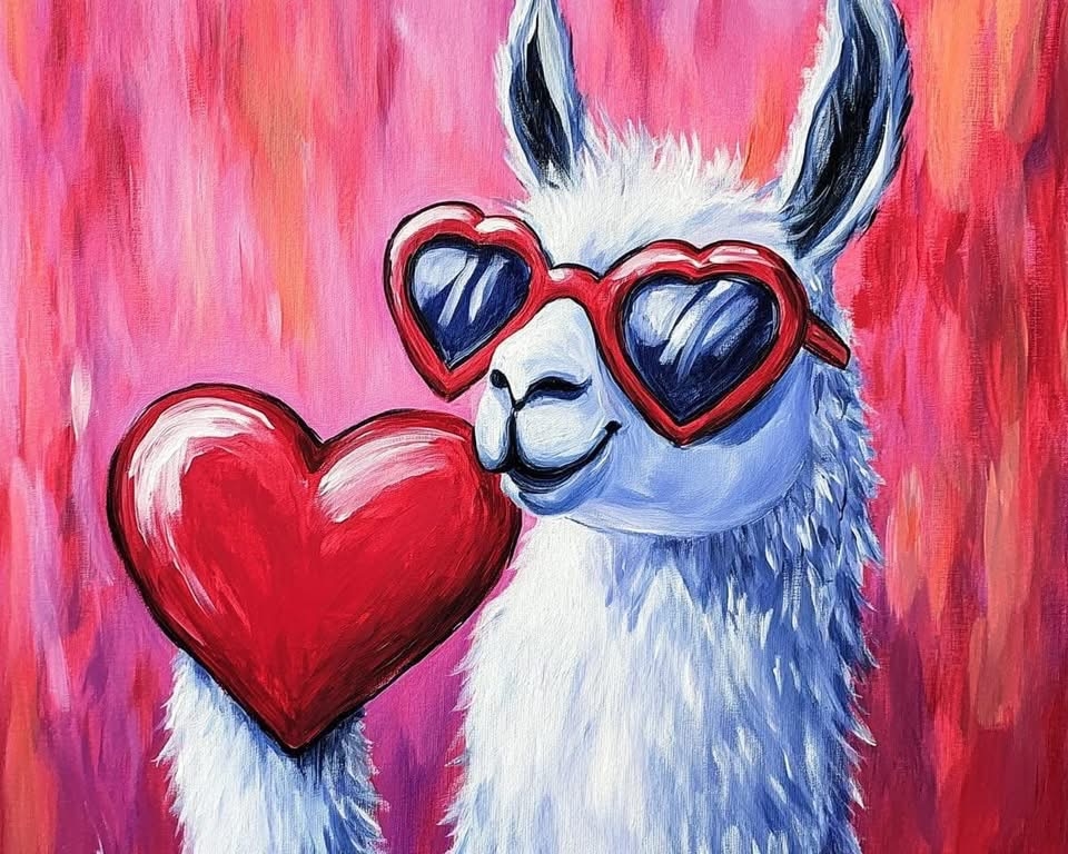 Painting of a Llama holding a heart and wearing heart sunglasses