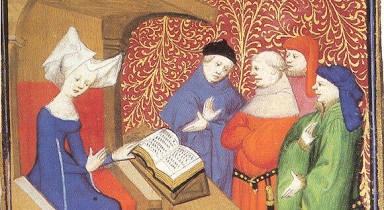 painting of a woman reading a book with courtesans around her