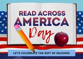 open book with a pencil and apple saying Read Across America Day