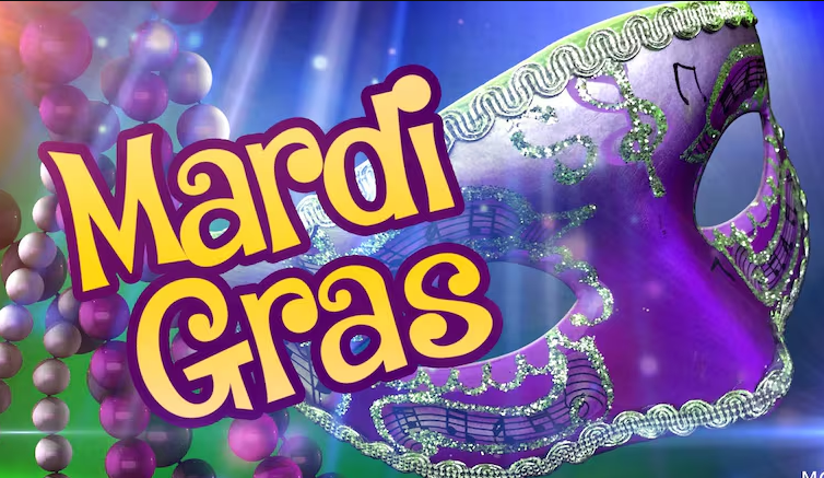 Yellow text of "mardi gras" in front of purple mask