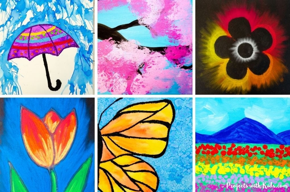 samples of artwork featuring spring things like umbrella tulip butterfly flower and landscape