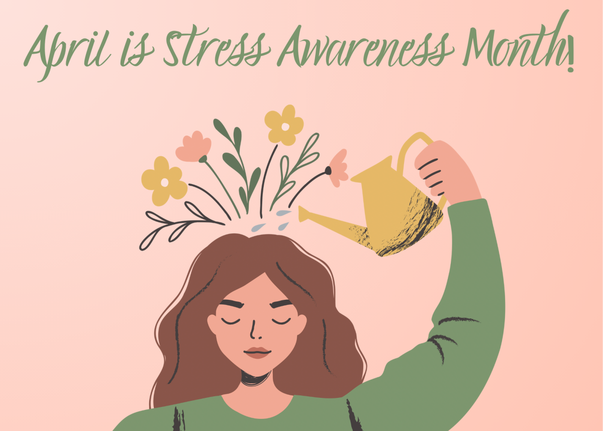 April is Stress Relief Month with a woman watering a plant growing above her head