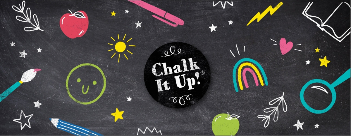 chalk it up words surrounded by chalk drawings