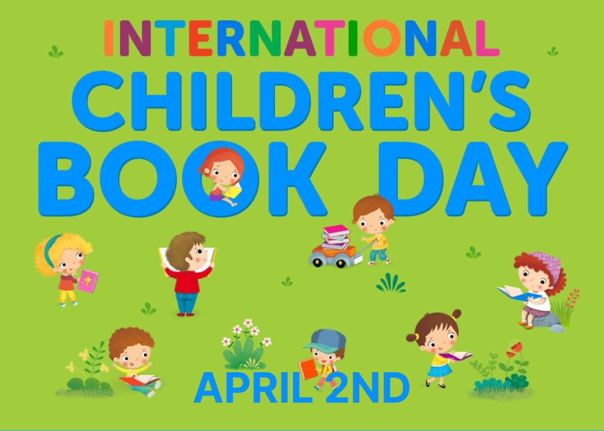 international Children's book day april 2nd with kids reading all around the words