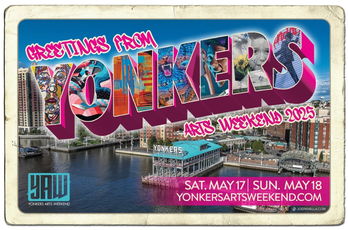 postcard of yonkers with lettering spelling yonkers and showing an image of the yonkers waterfront