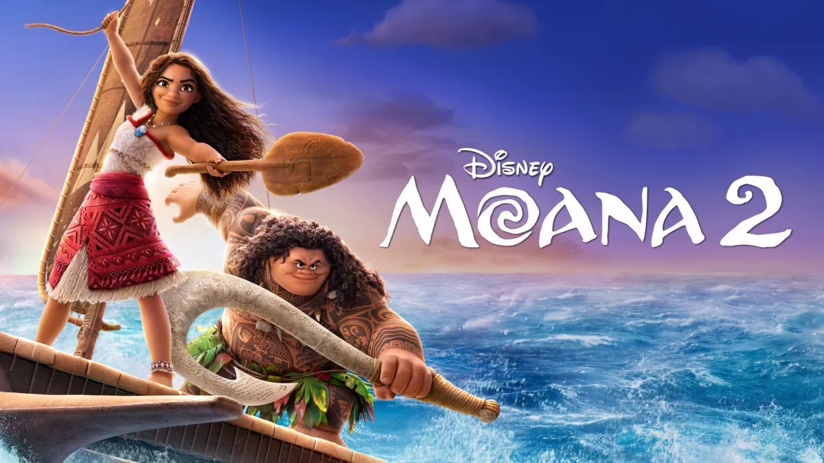 Horizontal poster for Moana 2 featuring the title character riding a boat with Maui