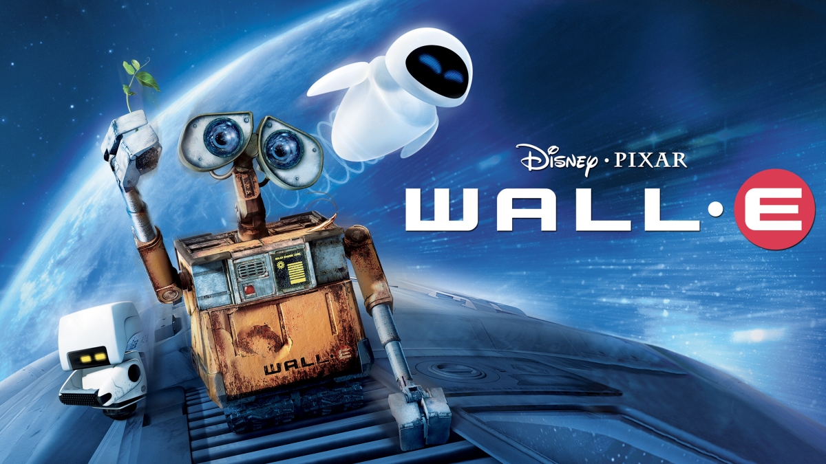 A horizontal poster for the film Wall-E featuring the title character and fellow robots EVE and M-O