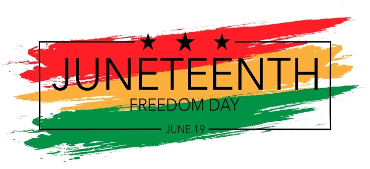 text of "Juneteenth Freedom day" on field of red yellow and green stripes