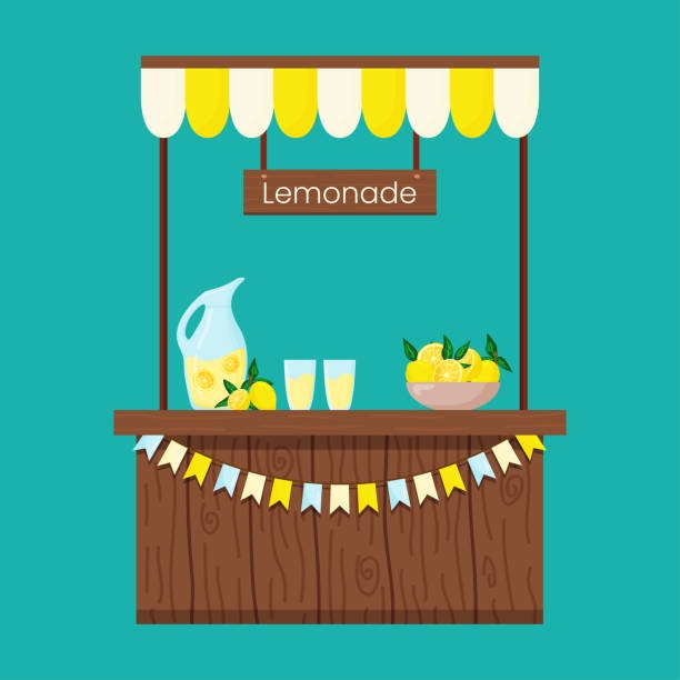 picture of lemonade stand with pitchers of lemonade and lemons