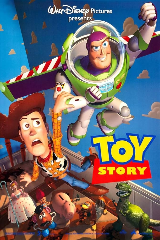 Image of space man doll and cowboy doll above other toys and the text "Toy Story"