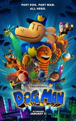 Cartoon dog wearing police uniform and other cartoon animals above text "dog man"