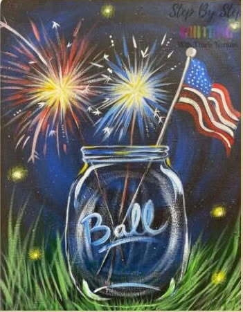 a jar with an american flag in it with fireworks behind it
