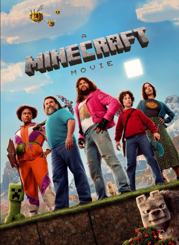 image of 5 main characters of the minecraft movie, below text of movie title "minecraft"