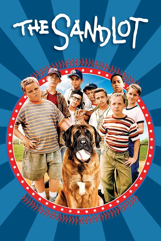text "the sandlot" above image of boys and a dog holding a baseball in its mouth