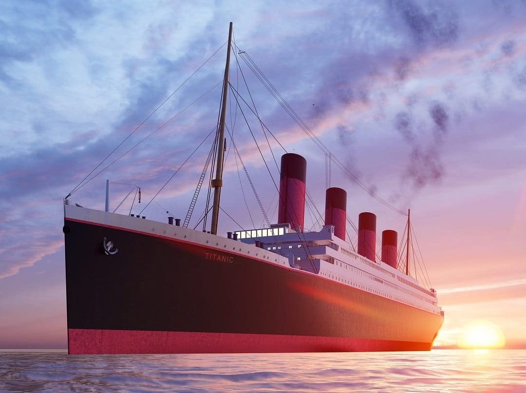 ocean liner titanic sailing away from sunrise