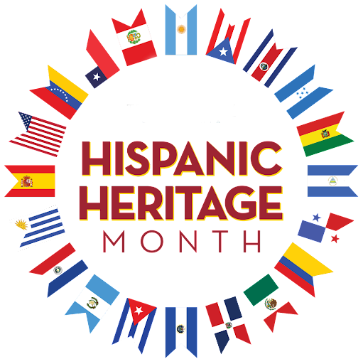 circle of flags from Hispanic countries with text "hispanic heritage month" in center