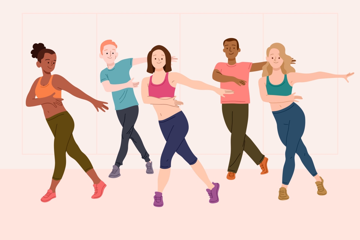 An illustrated image of a group of adults in a dance class.