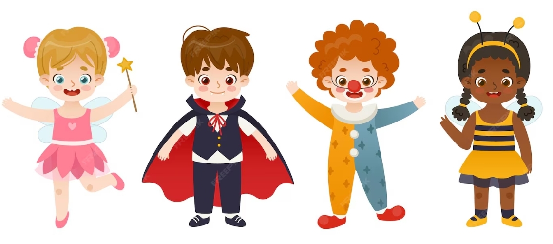 illustration of four children in costumes: ballerina, dracula, clown, and bee