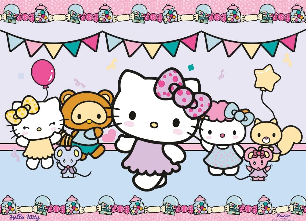 A horizontal image of Hello Kitty, her sister, and some of their friends at a party.