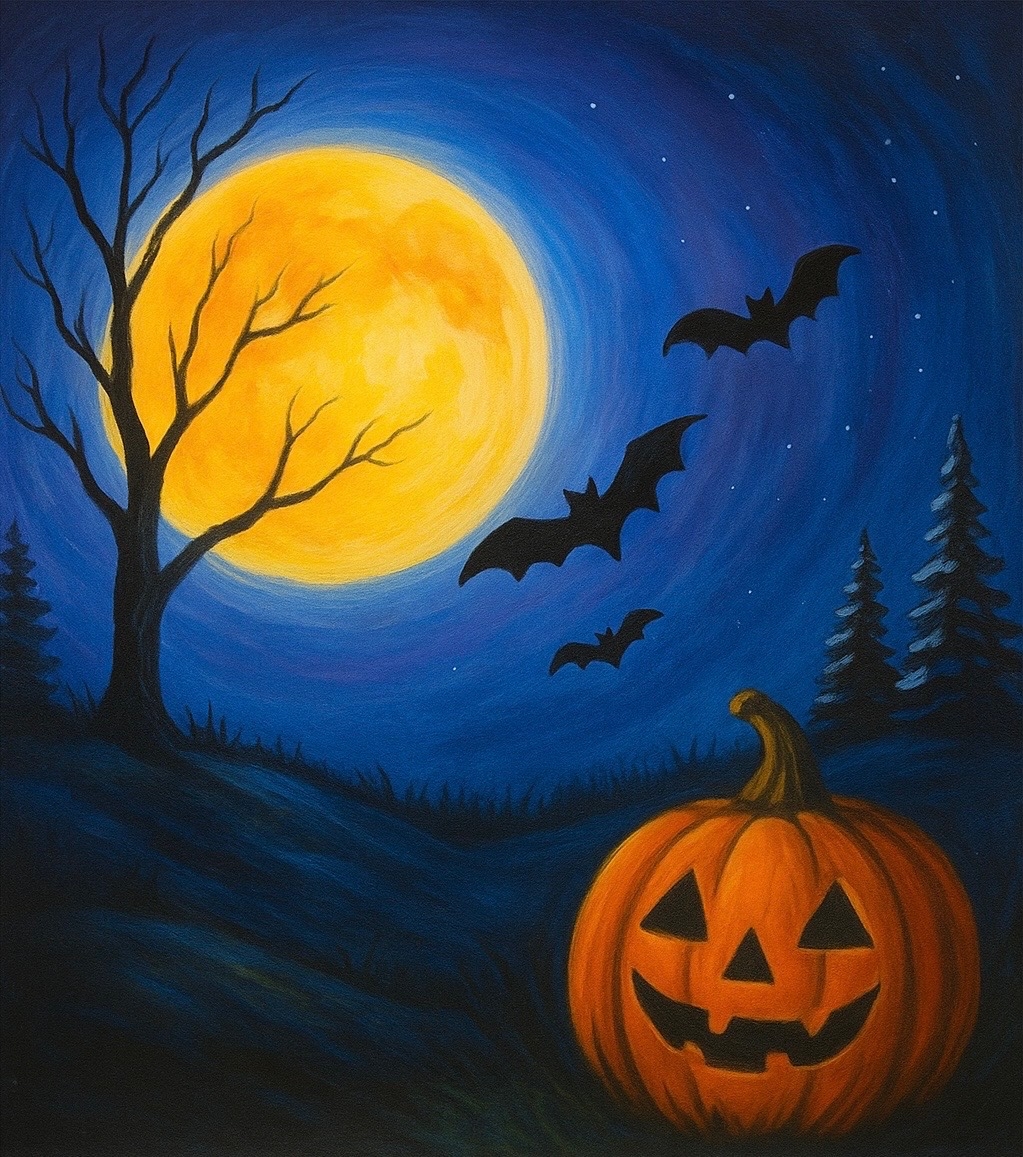 bats flying in sky over a pumpkin