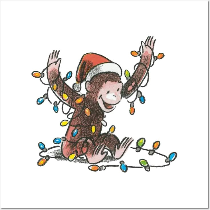 illustration of monkey curious george wearing santa hat and holding string of christmas lights